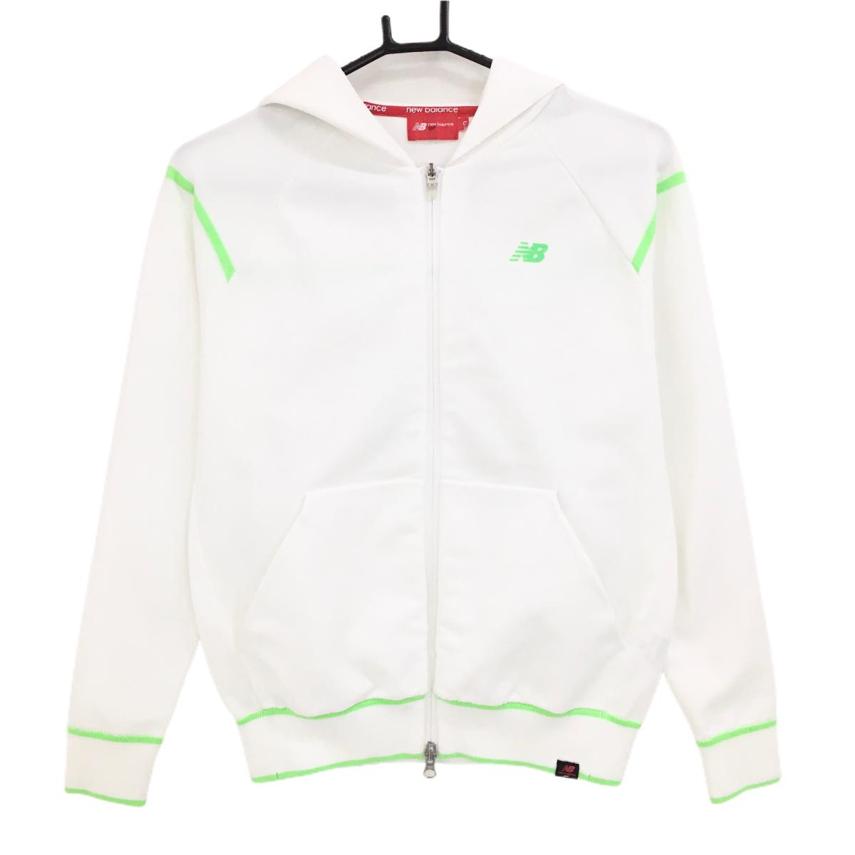 【超美品】ニューバランスゴルフ ニットジップパーカー 白×蛍光グリーン フードロゴ   レディース 0(S) ゴルフウェア New Balance