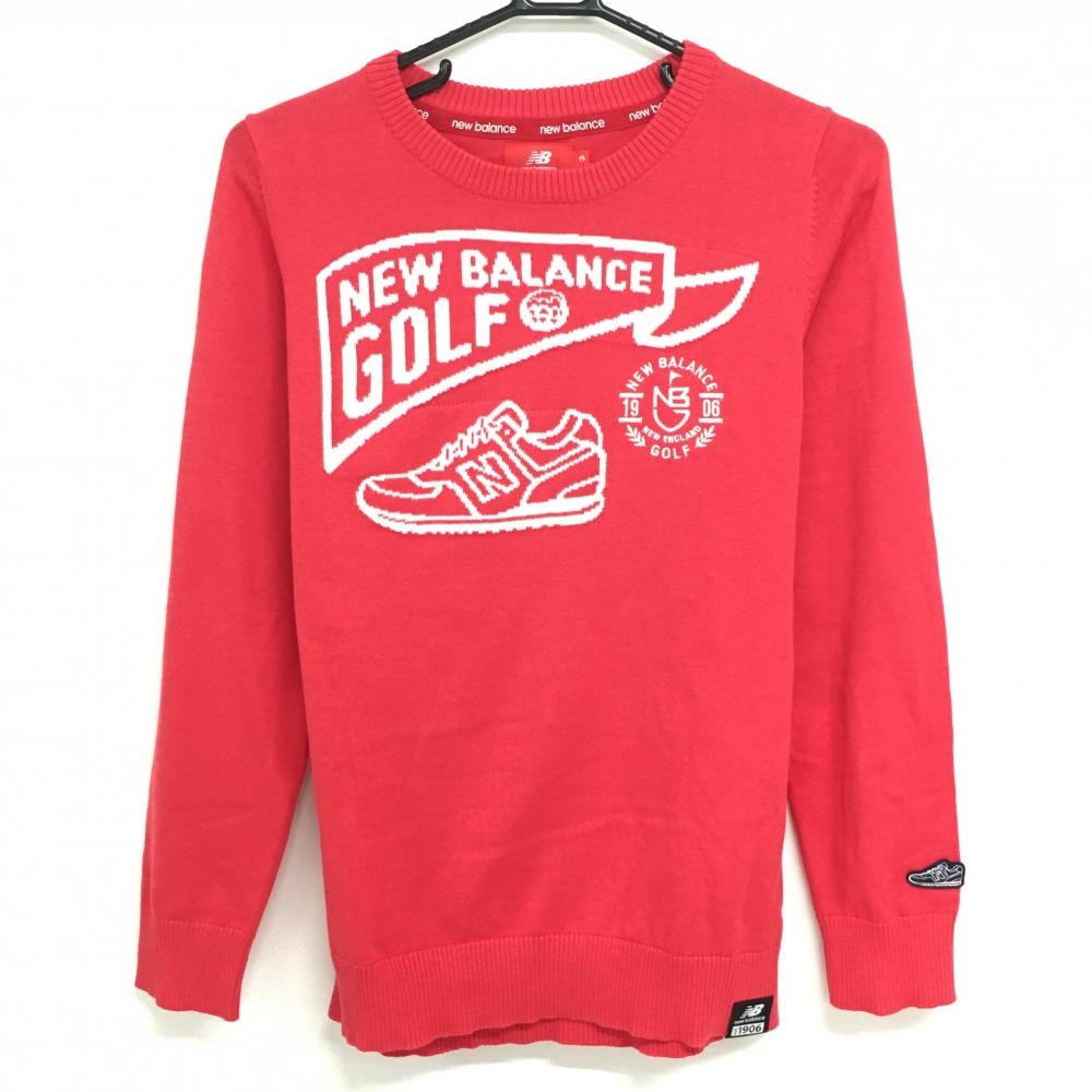 【美品】ニューバランスゴルフ セーター レッド×白 ロゴスニーカー ニット レディース 3(S) ゴルフウェア New Balance
