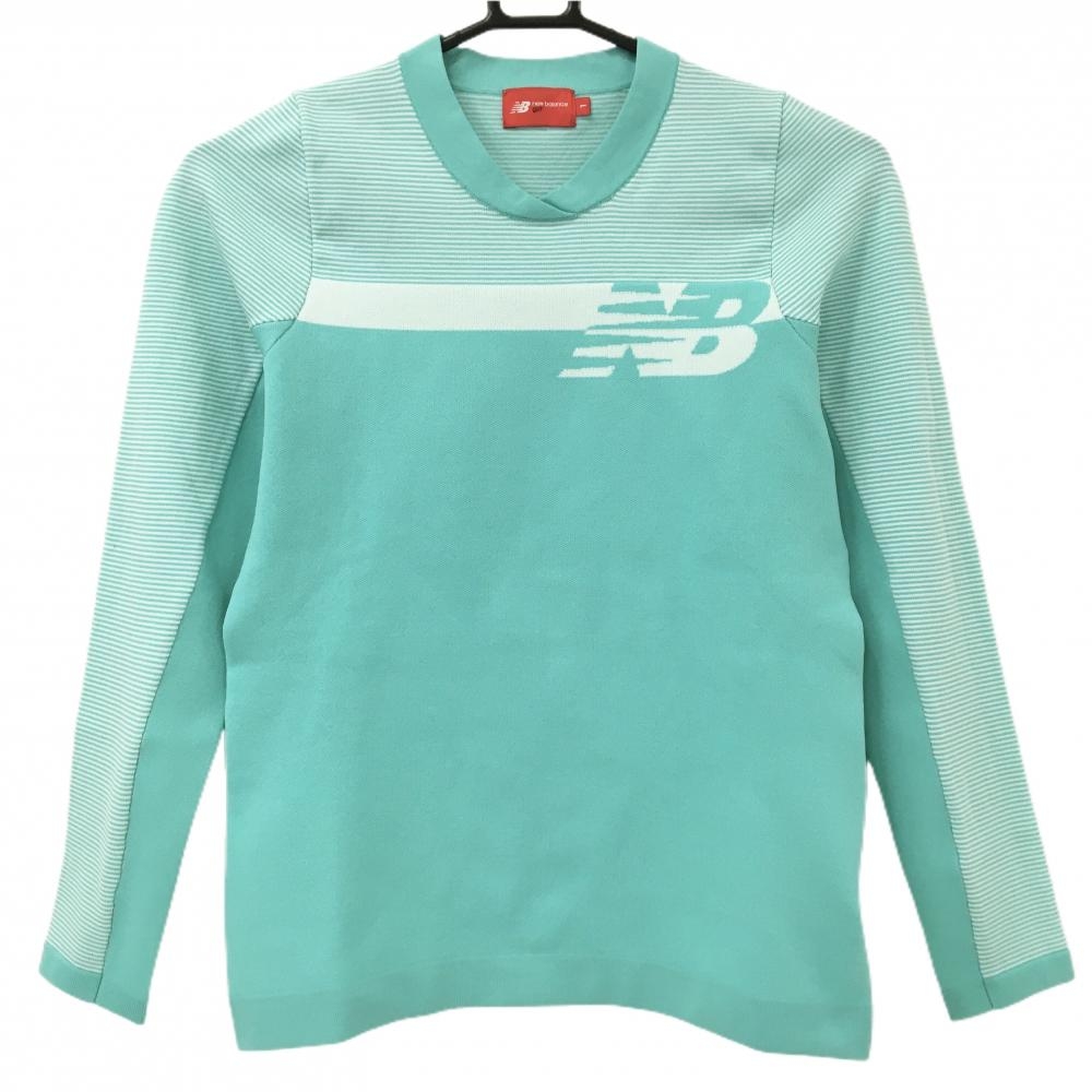 【超美品】ニューバランスゴルフ セーター　ミントグリーン×白 一部細ボーダー ロゴ 薄手 レディース 1(M) ゴルフウェア New Balance