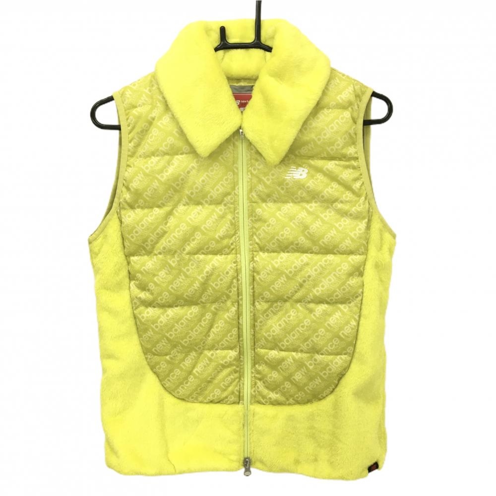 【超美品】ニューバランスゴルフ 襟付き中綿ベスト グリーンイエロー ロゴ柄 一部ボア 襟着脱可 レディース 2(L) ゴルフウェア New Balance