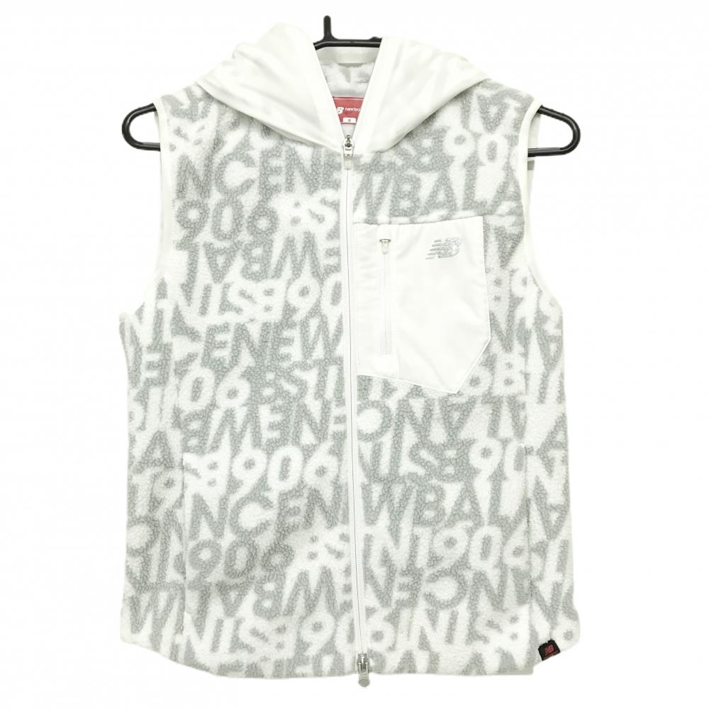 ニューバランスゴルフ フード付きフリースベスト 白×グレー系 英字総柄 切替  レディース 0(S) ゴルフウェア New Balance