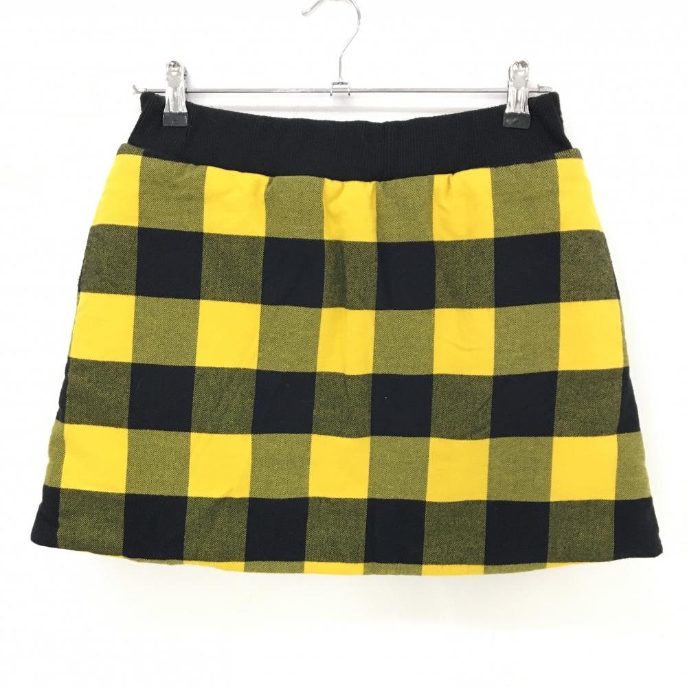 【美品】ニューバランスゴルフ リバーシブル中綿スカート イエロー×黒 チェック 裏黒 レディース 2(L) ゴルフウェア New Balance