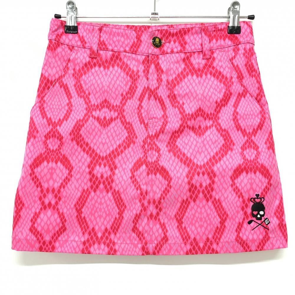 【超美品】バーディーハント スカート ピンク×レッド 総柄 ロゴ刺しゅう 内側インナーパンツ レディース XS ゴルフウェア Birdie hunt