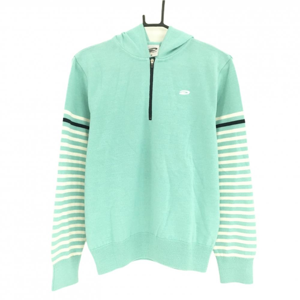 【美品】パラディーゾ ニットパーカー ライトブルー×白 袖ボーダー ハーフジップ  レディース L ゴルフウェア Paradiso