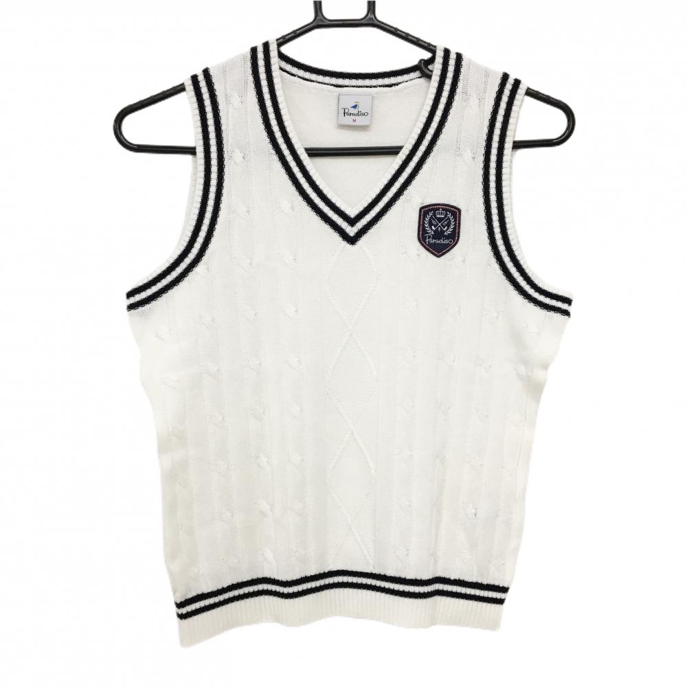 【超美品】パラディーゾ ニットベスト 白×黒 ケーブル編み  レディース M ゴルフウェア Paradiso