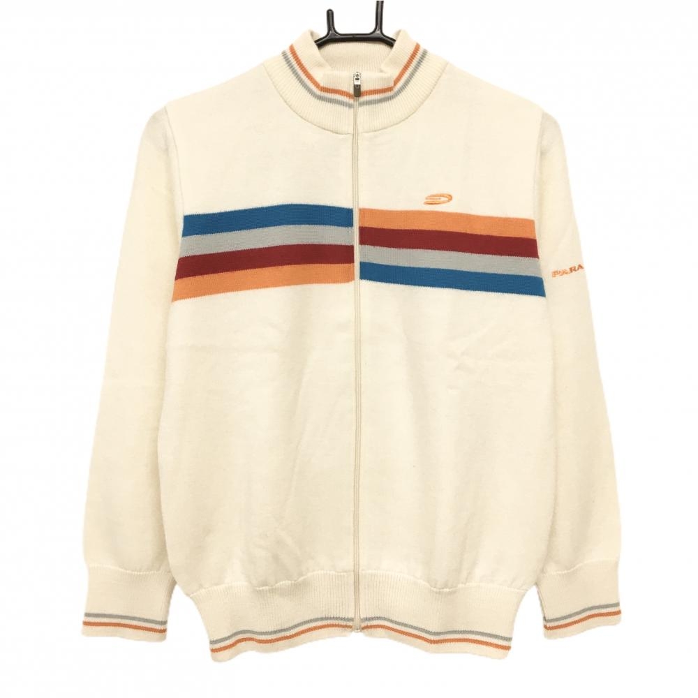 【超美品】パラディーゾ ニットジャケット 白×オレンジ 一部ボーダー ウール混 裏微起毛 レディース M ゴルフウェア Paradiso