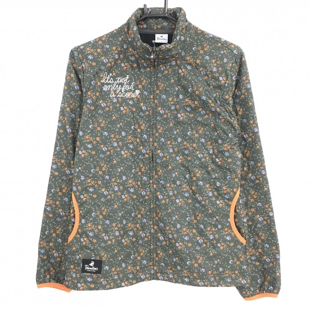 【美品】パラディーゾ ジャケット カーキ×オレンジ 花柄 キルティング風 裏微起毛  レディース L ゴルフウェア Paradiso