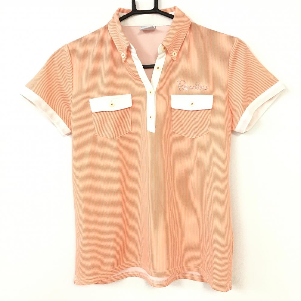 Paradiso パラディーゾ 半袖ポロシャツ オレンジ×白 ストライプ柄 総柄 スパンコールロゴ レディース L ゴルフウェア