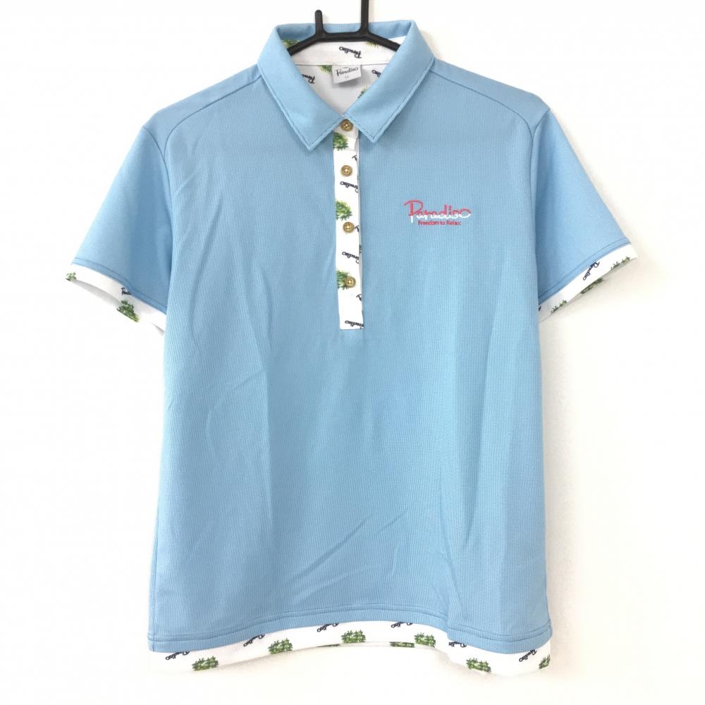 【超美品】Paradiso パラディーゾ 半袖ポロシャツ ライトブルー×白 一部ヤシの木×ロゴ総柄 レディース LL ゴルフウェア