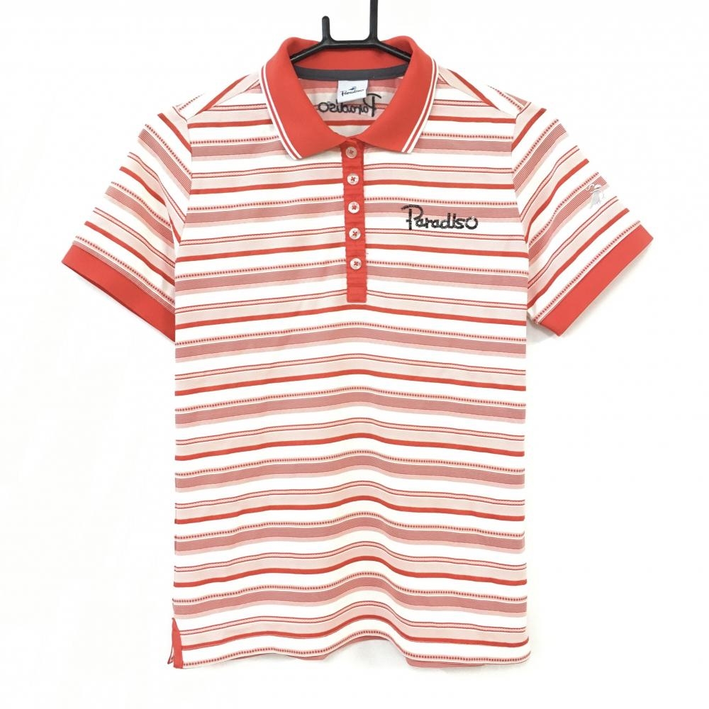 【美品】Paradiso パラディーゾ 半袖ポロシャツ オレンジ×白 ボーダー柄 総柄 スパンコールロゴ  レディース  ゴルフウェア