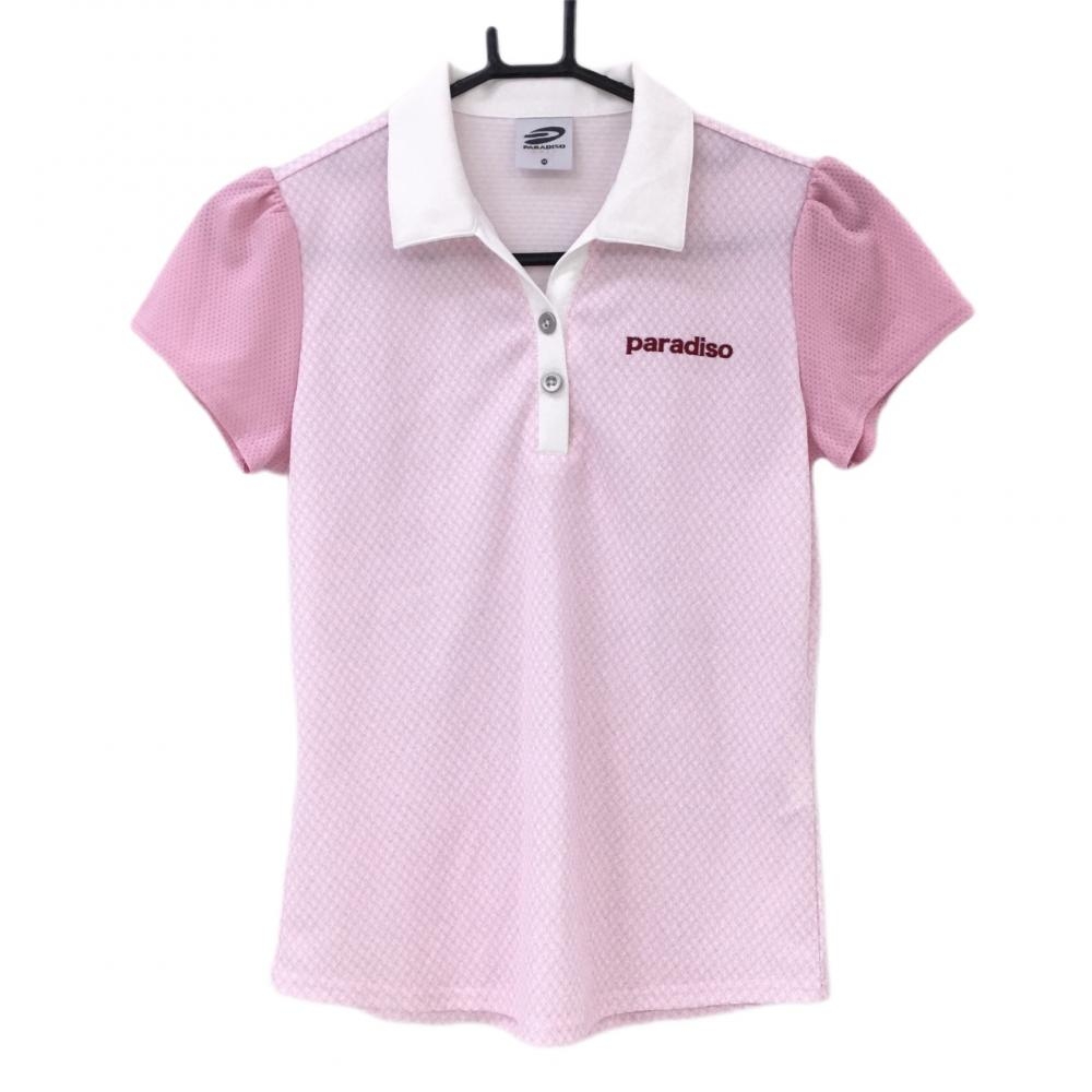 【美品】パラディーゾ 半袖ポロシャツ ピンク×白 総柄 袖異素材 レディース M ゴルフウェア Paradiso
