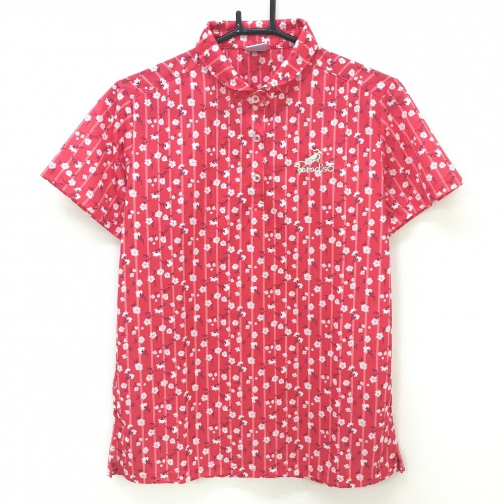 【超美品】パラディーゾ 半袖ポロシャツ レッド×白 花柄 ストライプ  レディース LL ゴルフウェア Paradiso
