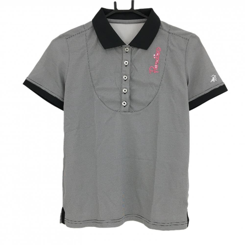 【超美品】パラディーゾ 半袖ポロシャツ 黒×白 細目チェック調 スパンコールロゴ レディース  ゴルフウェア Paradiso