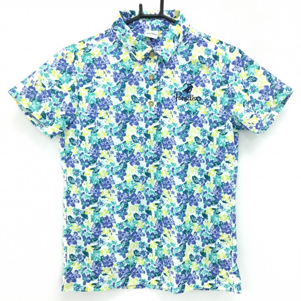 【超美品】パラディーゾ 半袖ポロシャツ 白×グリーン×イエロー 花柄 レディース L ゴルフウェア Paradiso