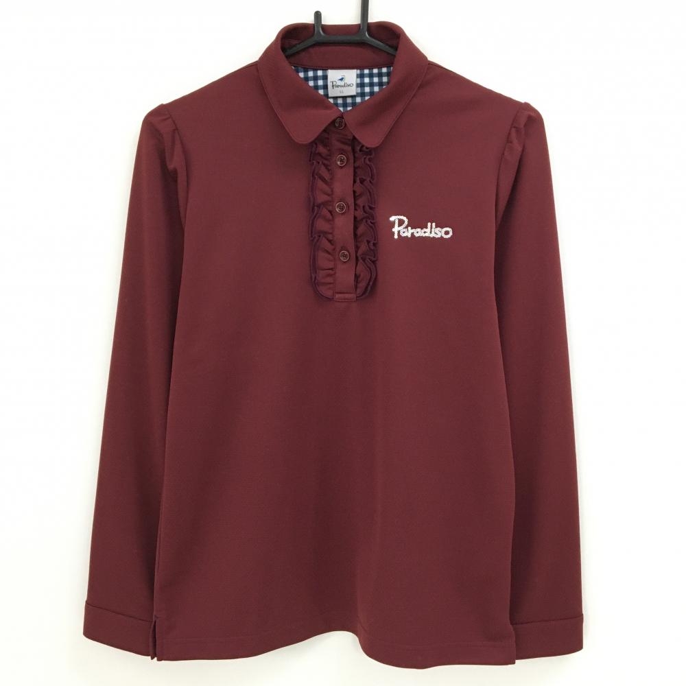 【超美品】パラディーゾ 長袖ポロシャツ ボルドー　ドット柄地模様 前立てフリル ロゴスパンコール レディース LL ゴルフウェア Paradiso