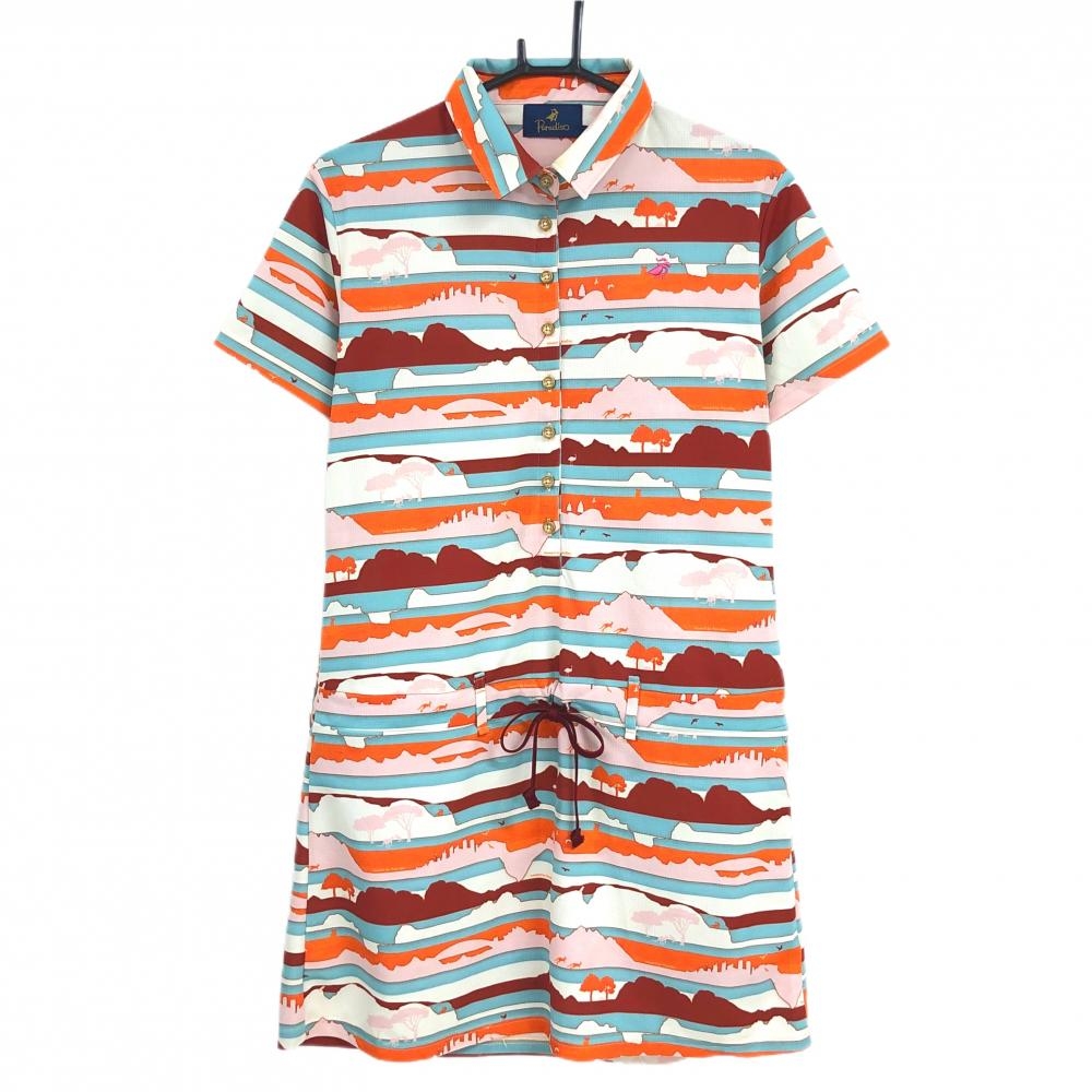 パラディーゾ 半袖ポロワンピース 白×オレンジ ボーダー調 ウエスト調節紐 レディース 3L ゴルフウェア 大きいサイズ Paradiso