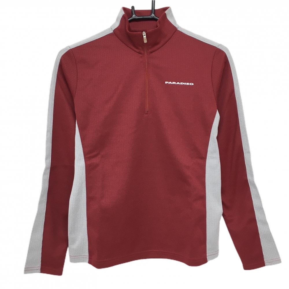 【超美品】パラディーゾ 長袖ハイネックシャツ レッド×グレー 織生地 ハーフジップ レディース M ゴルフウェア Paradiso