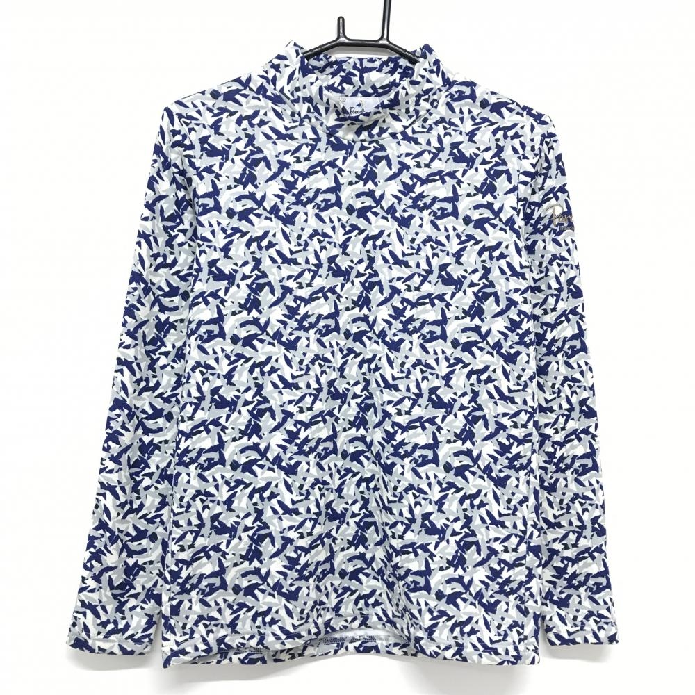 【超美品】パラディーゾ 長袖ハイネックシャツ グレー×ネイビー 総柄 裏起毛  レディース M ゴルフウェア Paradiso