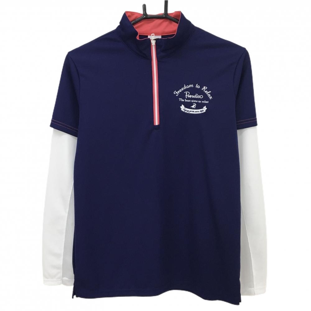 【新品】パラディーゾ 長袖ハイネックシャツ ネイビー×白 重ね着風 ハーフジップ 袖一部メッシュ レディース L ゴルフウェア Paradiso
