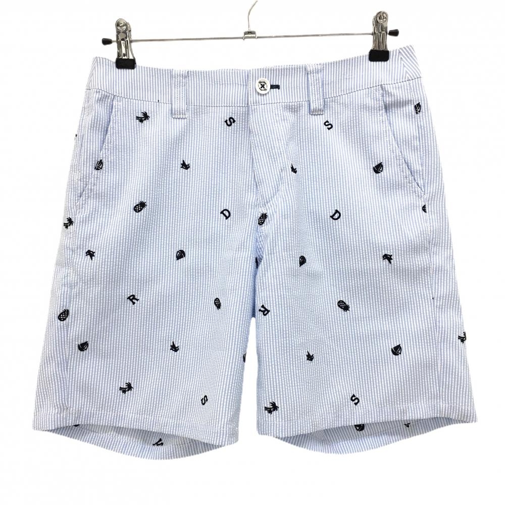 【超美品】パラディーゾ ハーフパンツ ライトブルー×白 ストライプ 刺しゅう総柄 サッカー生地  レディース L ゴルフウェア Paradiso