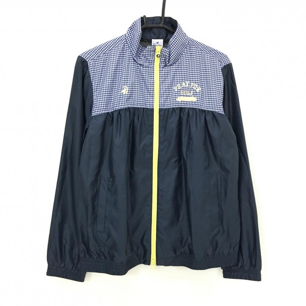 【超美品】パラディーゾ ブルゾン ネイビー×白 身頃上部ギンガムチェック ダブルジップ レディース LL ゴルフウェア Paradiso