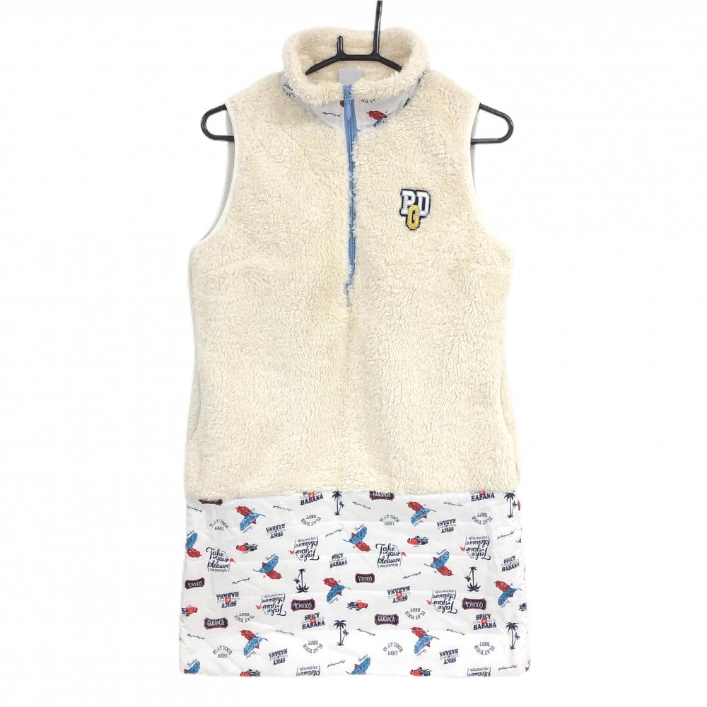 【超美品】パラディーゾ 中綿ノースリーブワンピース アイボリー×白 上半身ボア スカート部総柄 レディース L ゴルフウェア Paradiso