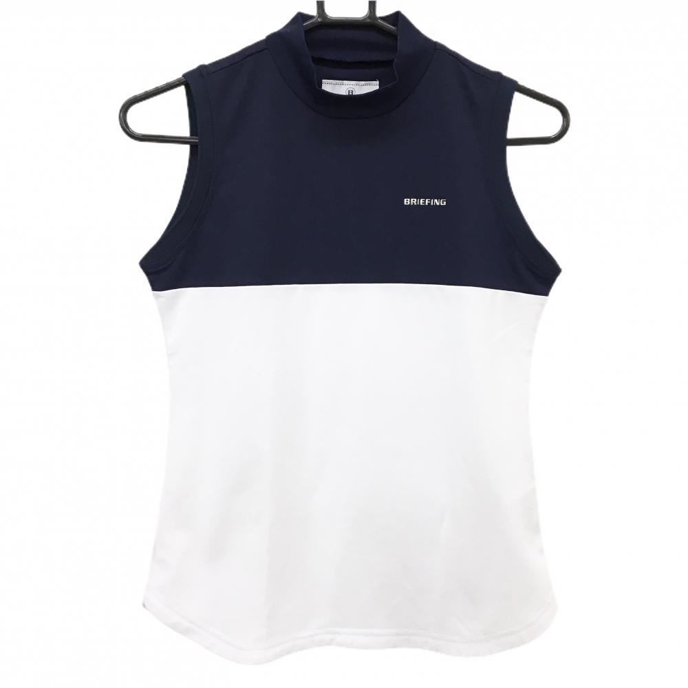 【超美品】ブリーフィング ノースリーブハイネックシャツ ネイビー×白 胸ロゴ  レディース S ゴルフウェア BRIEFING