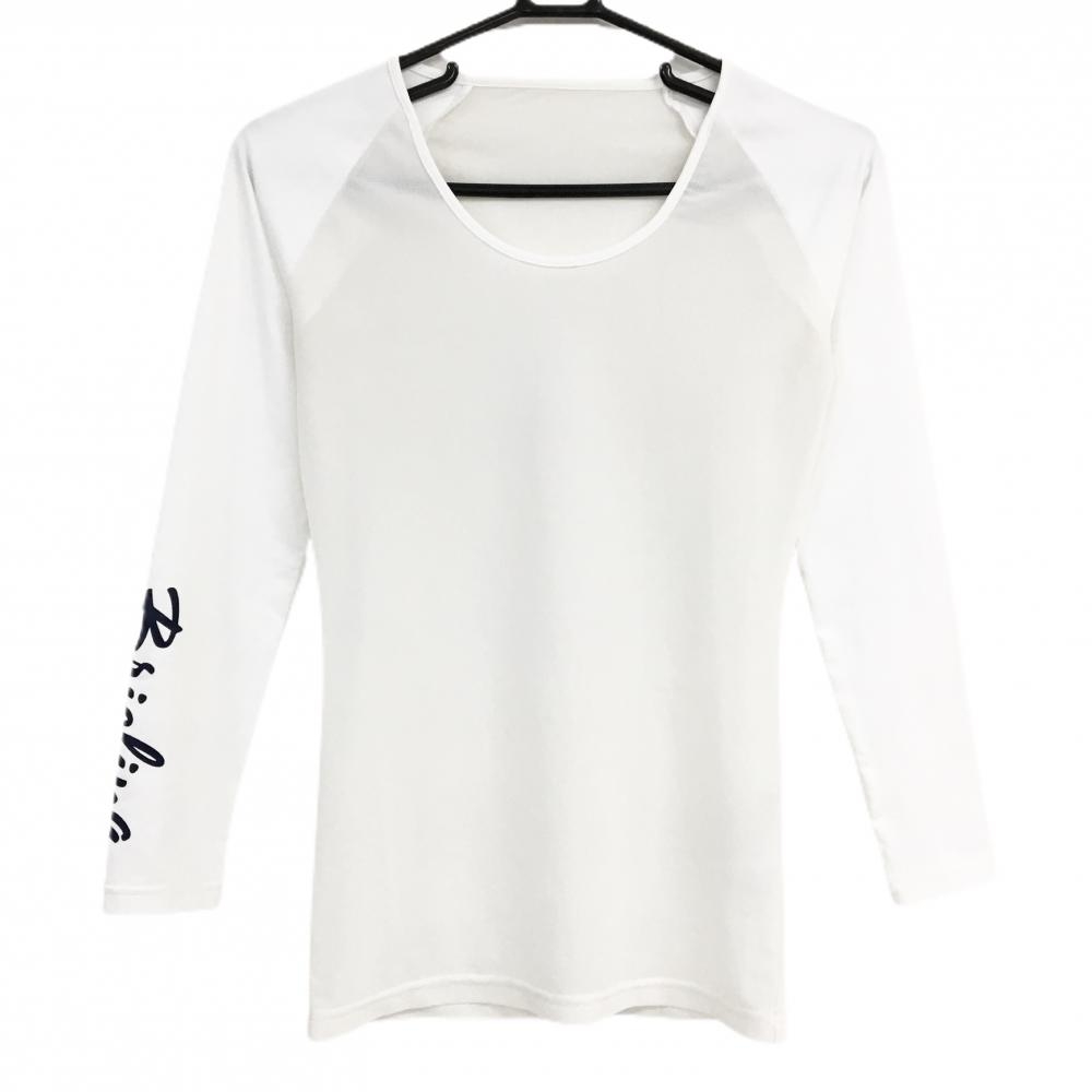 【美品】ブリーフィング インナーシャツ 白×ネイビー 袖ロゴ 身頃メッシュ調 ストレッチ レディース S ゴルフウェア BRIEFING