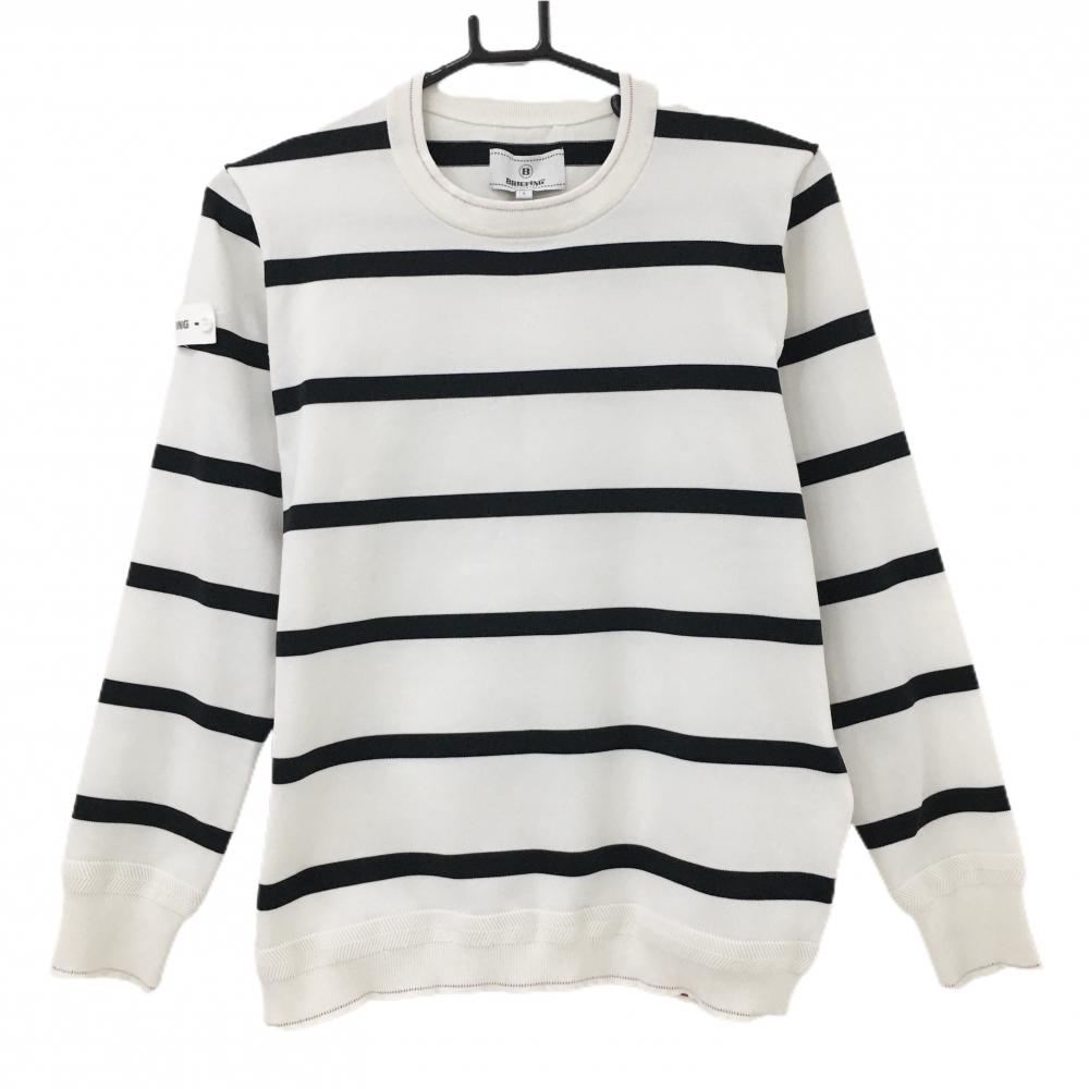 【美品】ブリーフィング セーター 白×黒 ボーダー 袖ロゴタグ ニット レディース L ゴルフウェア BRIEFING