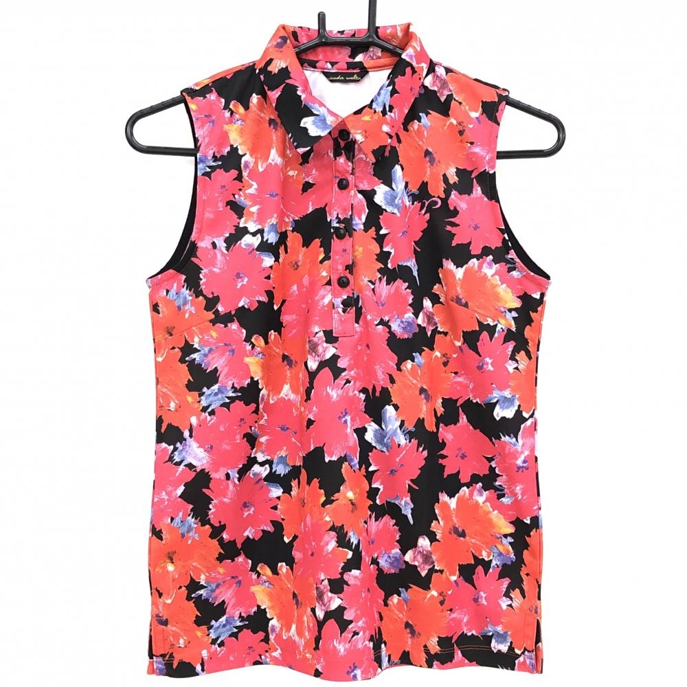 【超美品】リエンダスエルタ ノースリーブポロシャツ 黒×ピンク 花柄 レディース M ゴルフウェア rienda suelta