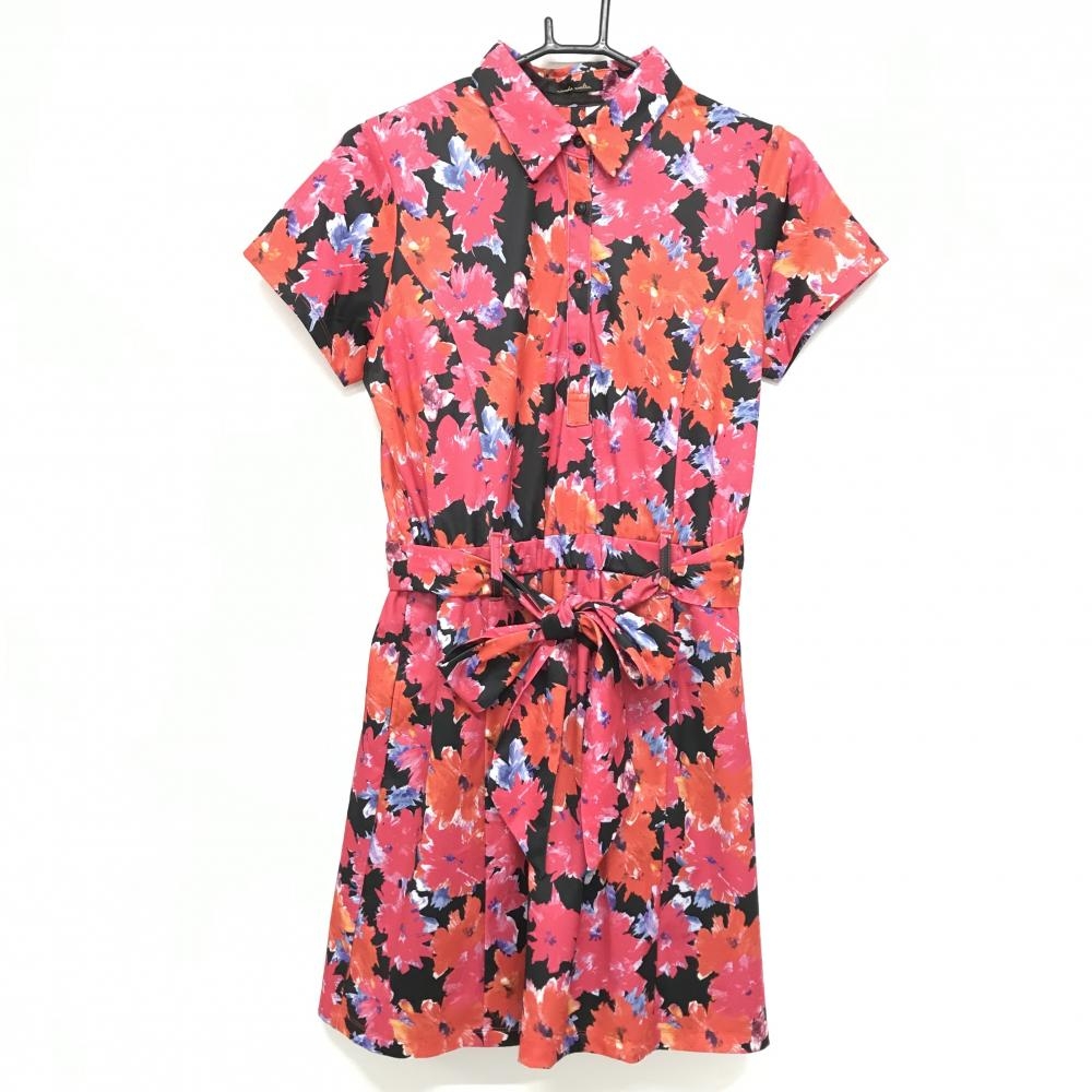 【超美品】リエンダスエルタ 半袖ポロワンピース レッド系×黒 花柄 スカート部裏地付  レディース M ゴルフウェア rienda suelta