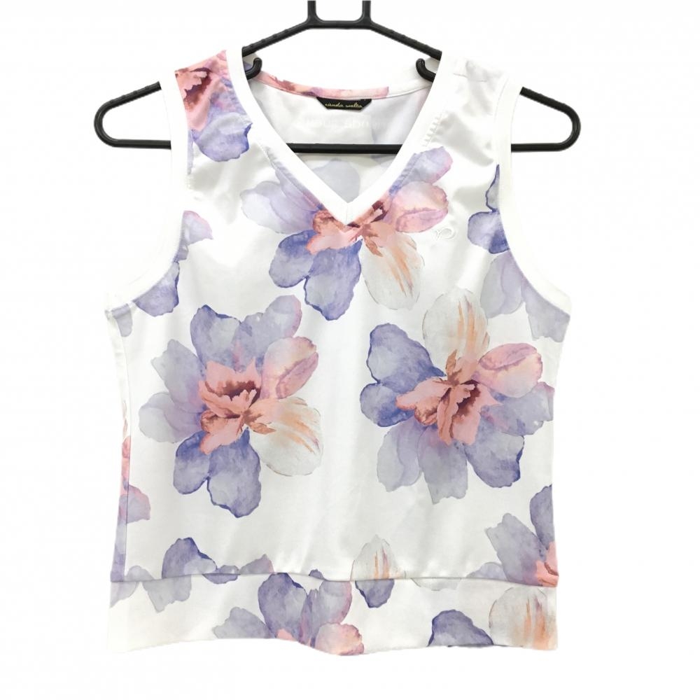 【超美品】リエンダスエルタ ベスト 白×ブルーパープル 花柄 Vネック レディース S ゴルフウェア rienda suelta