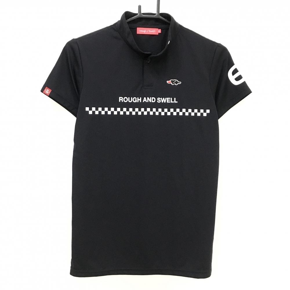 【超美品】ラフアンドスウェル 半袖ポロシャツ 黒×白 スタンドカラー 胸元ロゴ  レディース L ゴルフウェア rough＆swell