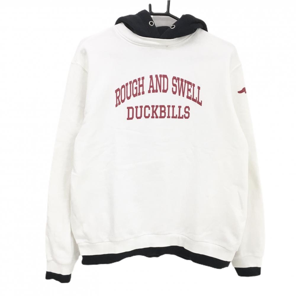 【美品】ラフアンドスウェル パーカー 白×ネイビー ロゴプリント レディース L ゴルフウェア 2025年モデル rough＆swell