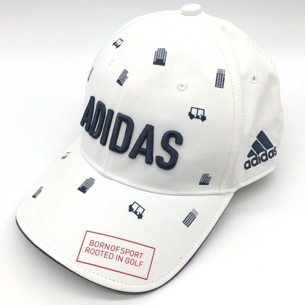 【美品】アディダス キャップ 白×ネイビー 一部総柄 後ろ薄汚れ、しわ フリー(57-59㎝) ゴルフウェア adidas
