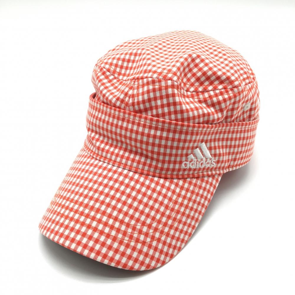 アディダス ワークキャップ オレンジ×白 チェック柄 ロゴ刺しゅう  フリーサイズ(57cm～59cm)   ゴルフウェア adidas