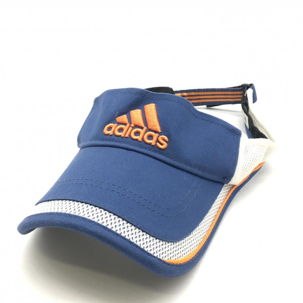 【美品】アディダス サンバイザー ブルー×オレンジ ロゴ刺しゅう サイトメッシュ調  フリー(57-59cm) ゴルフウェア adidas