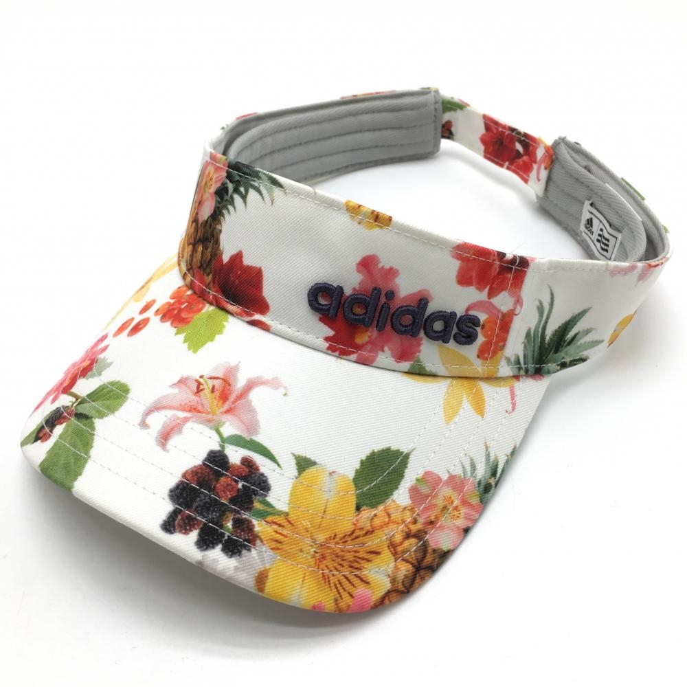 【超美品】アディダス サンバイザー 白×マルチカラー 花柄 立体ロゴ フリー(56-58cm)  ゴルフウェア adidas