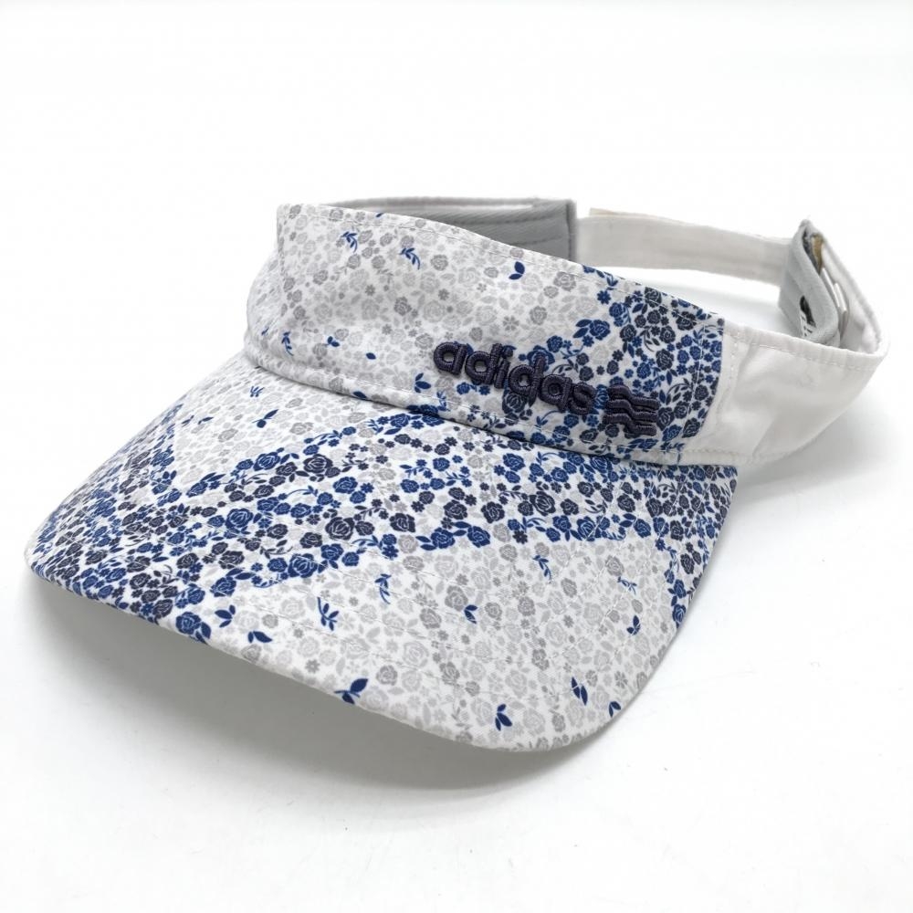 【美品】アディダス サンバイザー 白×ネイビー×グレー 花柄  フリーサイズ(56-58cm)   ゴルフウェア adidas