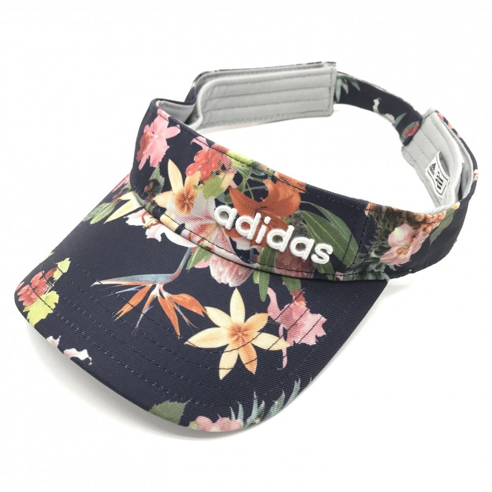 【美品】アディダス サンバイザー ネイビー×マルチカラー 花柄 立体ロゴ フリー(56-58cm)   ゴルフウェア adidas