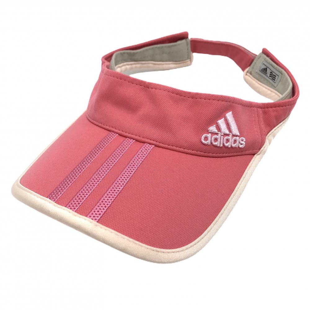 【美品】アディダス サンバイザー ピンク 3ライン ロゴ刺しゅう フリー(56cm～58cm)   ゴルフウェア adidas