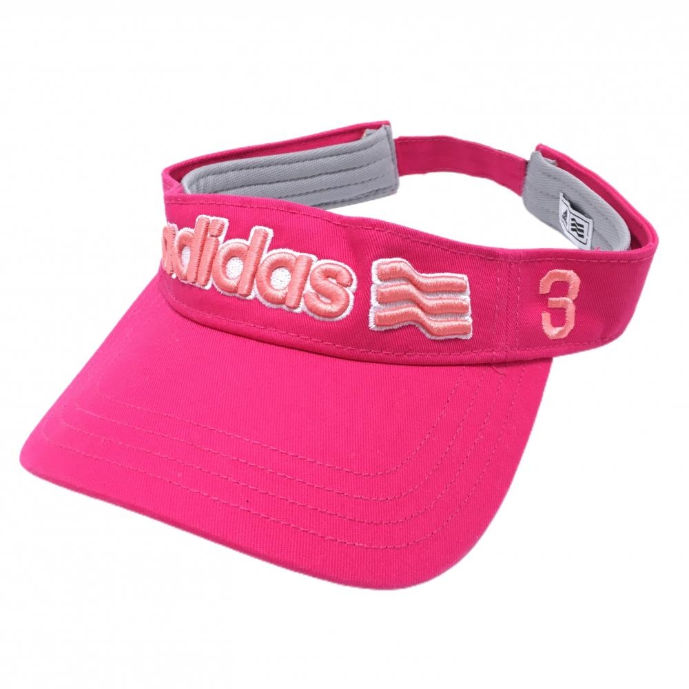 【美品】アディダス サンバイザー ピンク 立体ロゴ刺しゅう フリー(56～58cm)   ゴルフウェア adidas