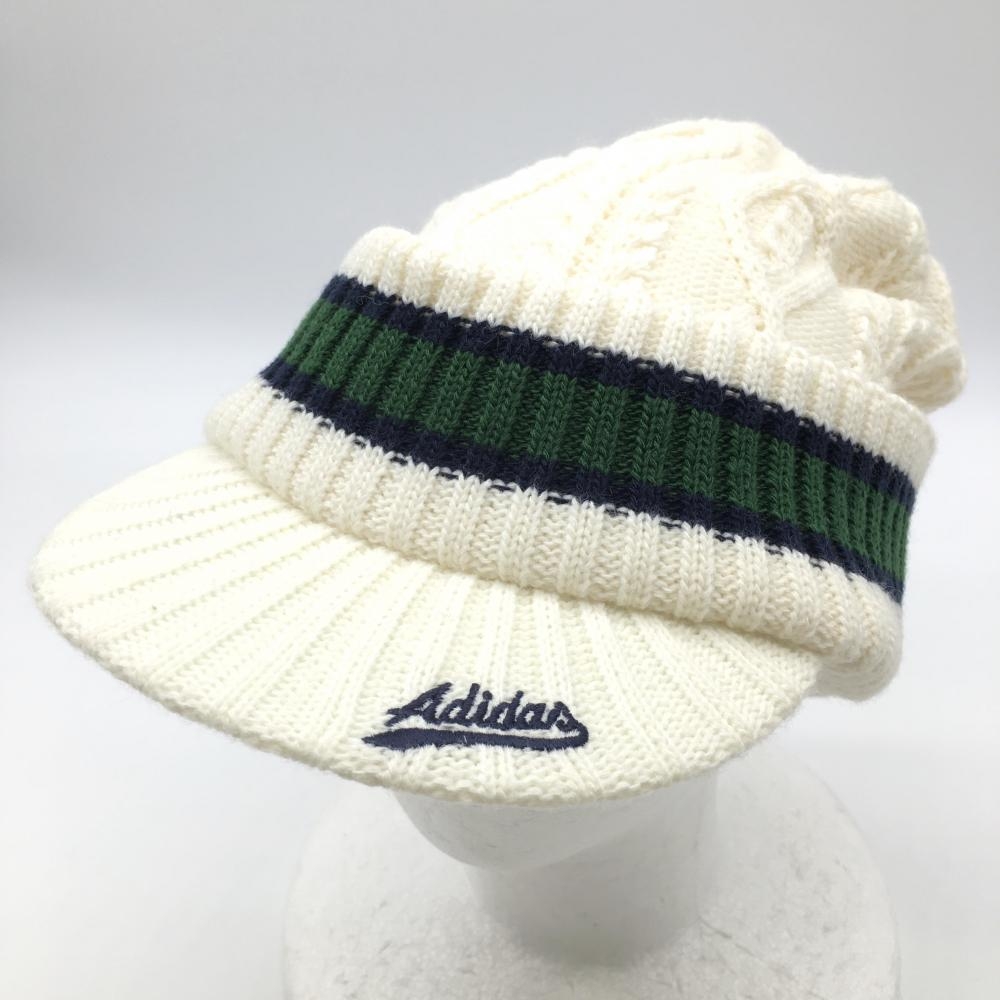 【美品】アディダス つば付きニット帽 白×ダークグリーン ケーブル編み フリー(56-58cm) ゴルフウェア adidas