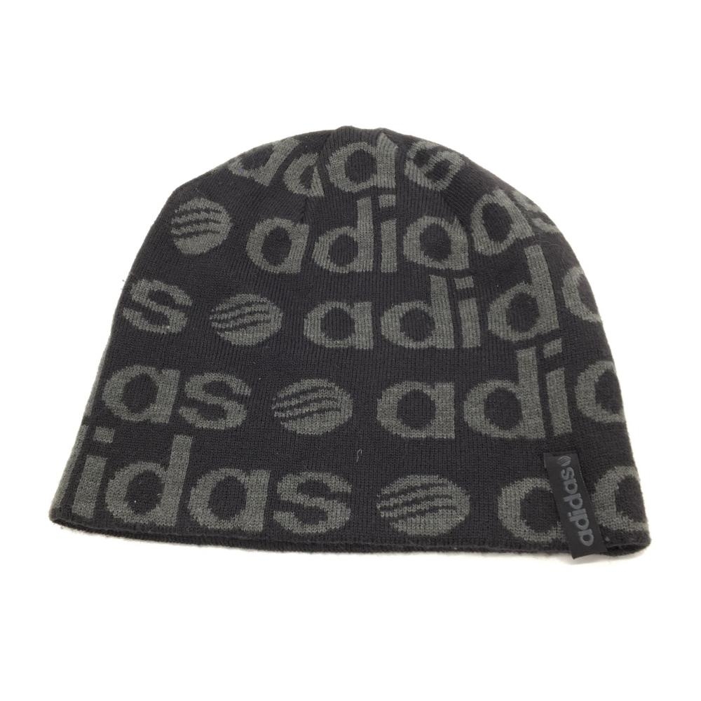 【美品】adidas アディダス ニット帽 黒×グレー リバーシブル ロゴ総柄   ゴルフウェア