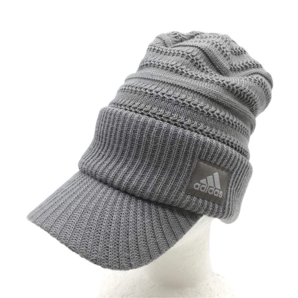 【超美品】アディダス つば付きニット帽 グレー ボーダー編み フリー(57-59cm) ゴルフウェア adidas