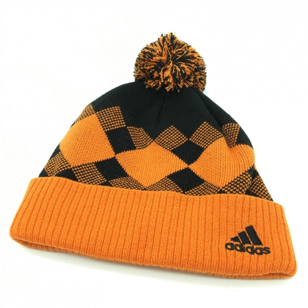 【超美品】アディダス ニット帽 オレンジ×黒 ダイヤ柄 ボンボン付 ゴルフウェア サンプル品 adidas