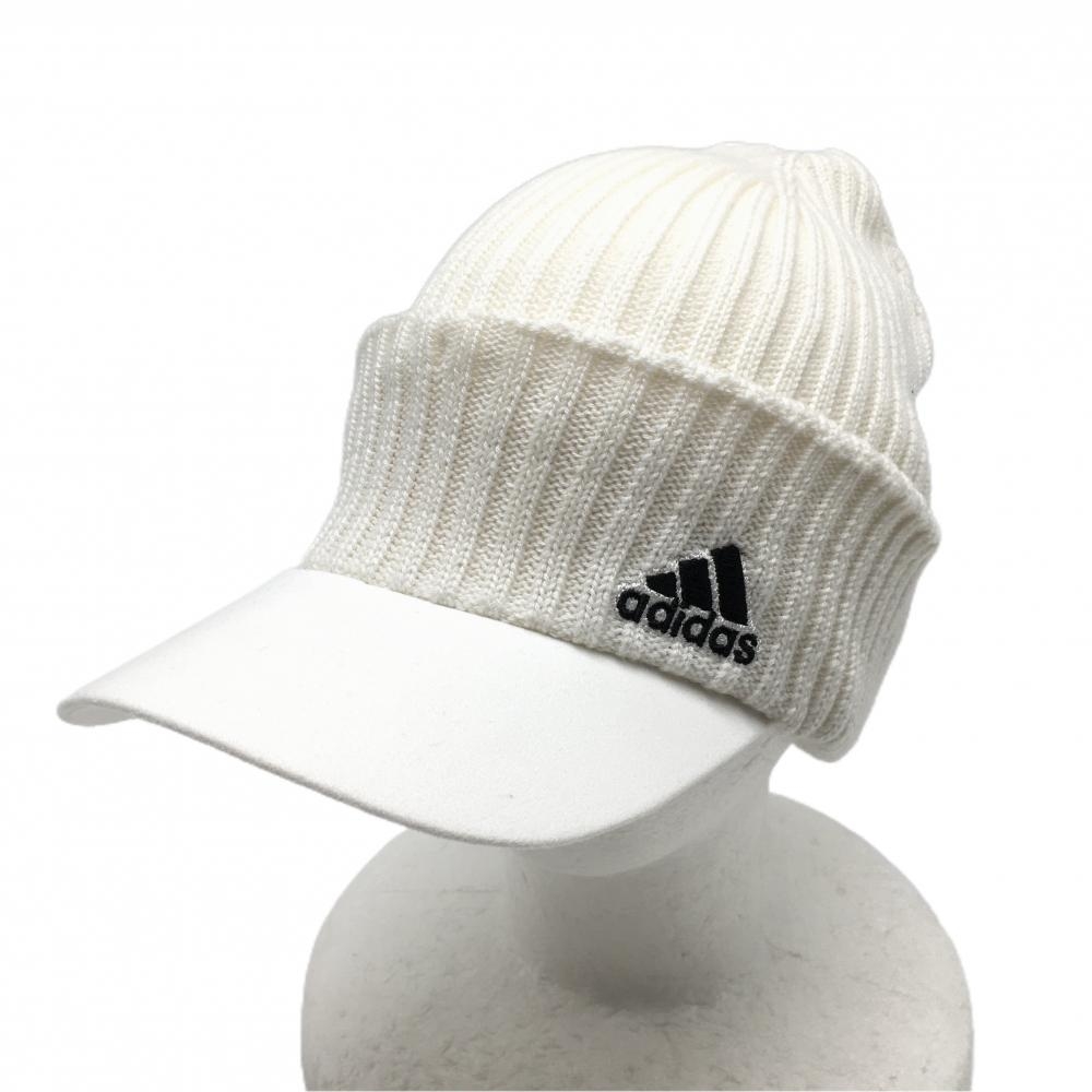 【美品】アディダス つば付きニット帽 白 ロゴ刺しゅう ウール混  フリー(57-60cm) ゴルフウェア adidas