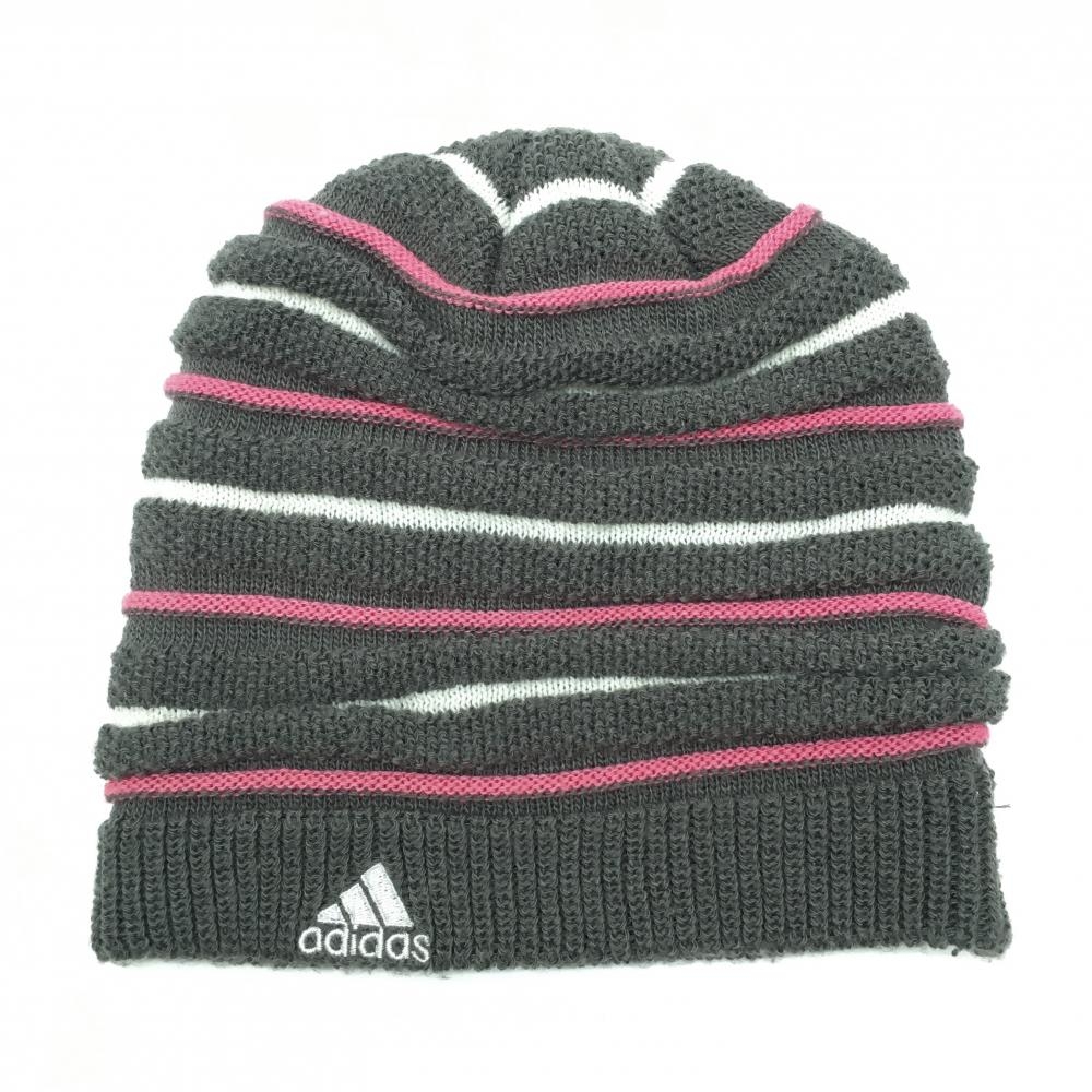 【美品】アディダス ニット帽 グレー×ピンク ボーダー ロゴ刺しゅう 裏ボア フリー(57-59cm)   ゴルフウェア adidas