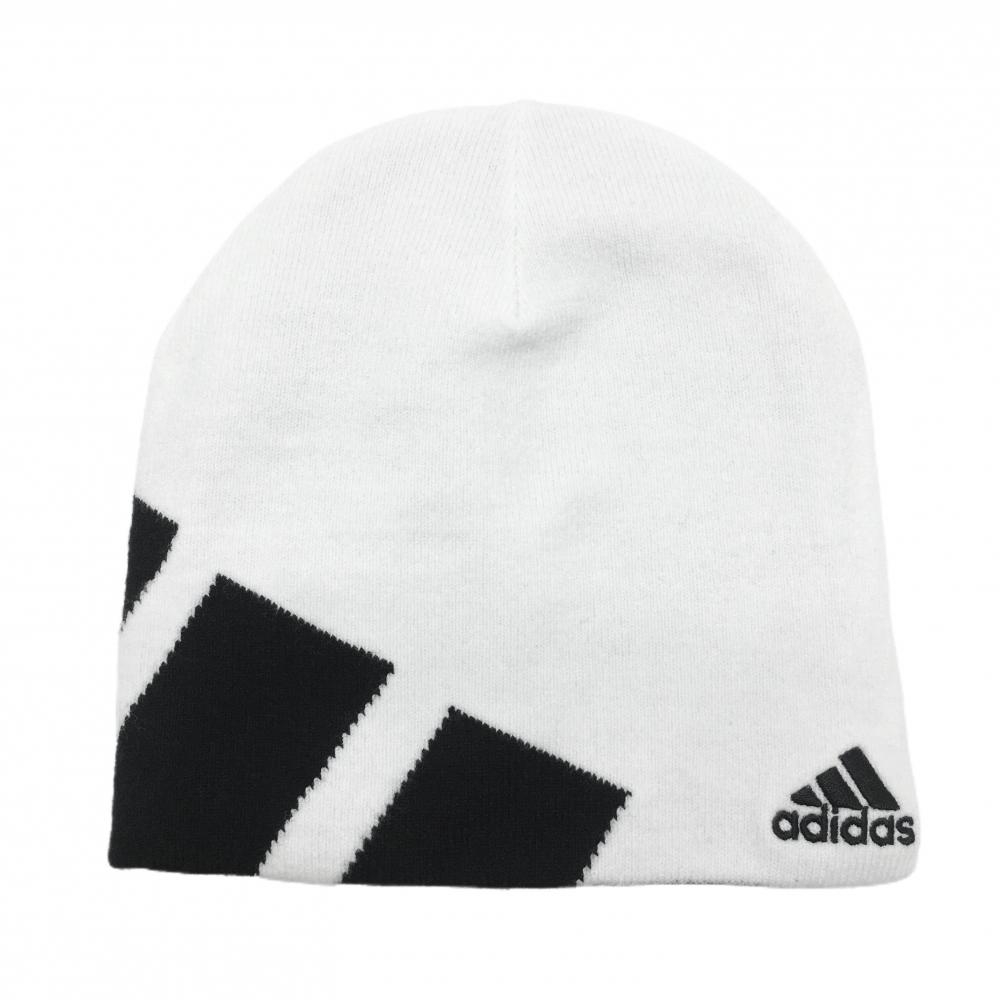 【超美品】アディダス リバーシブルニット帽 白×黒 ロゴ刺しゅう 裏3ライン    ゴルフウェア adidas