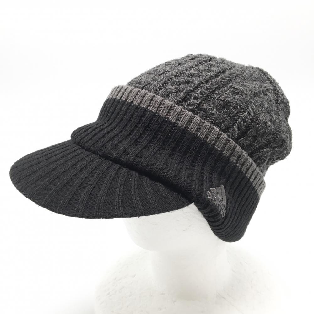 【美品】アディダス つば付きニット帽 黒×ダークグレー ロゴ刺しゅう フリー(56-58cm)   ゴルフウェア adidas